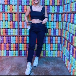 Black loose cuffed mom jeans